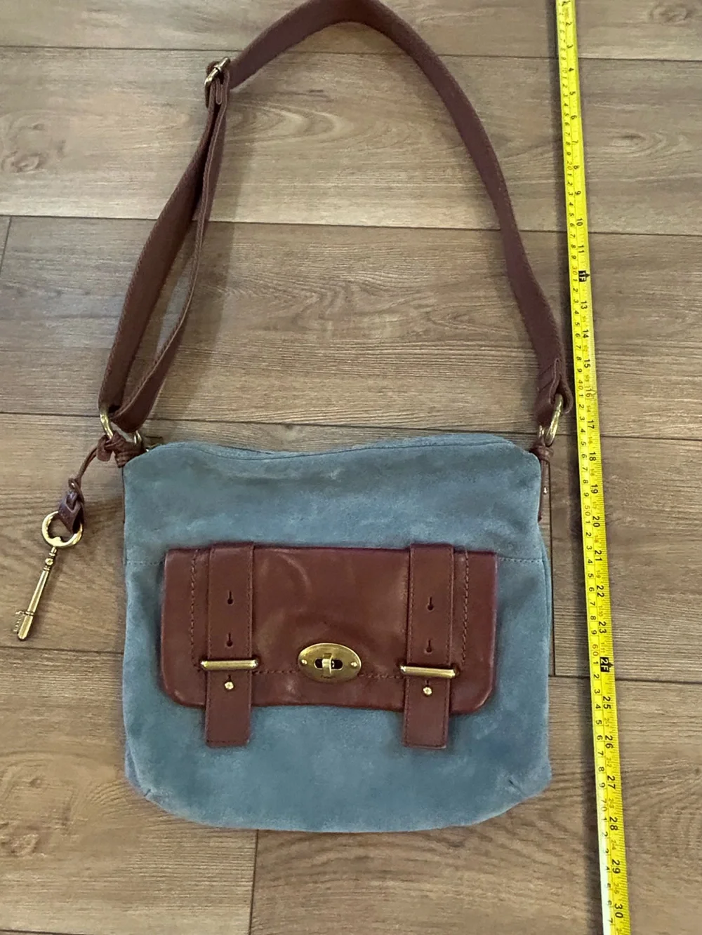 Fossil Long Live Vintage Blue Suede Leather Crossbody Shoulder Bag Key Charm
